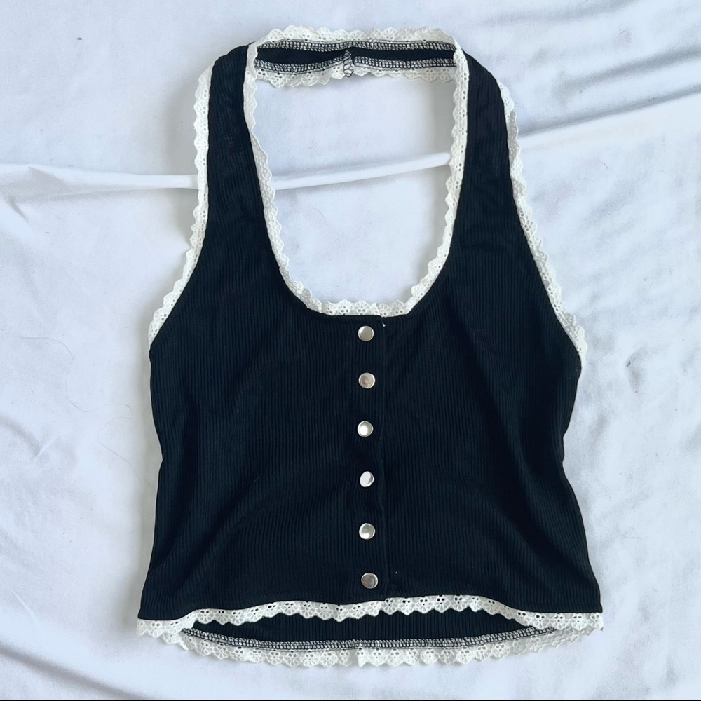 Black Lace Trim Halter Top